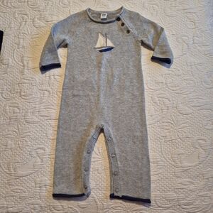 Janie and Jack boys 6-12 months gray knit longall romper sailboat VVGUC
